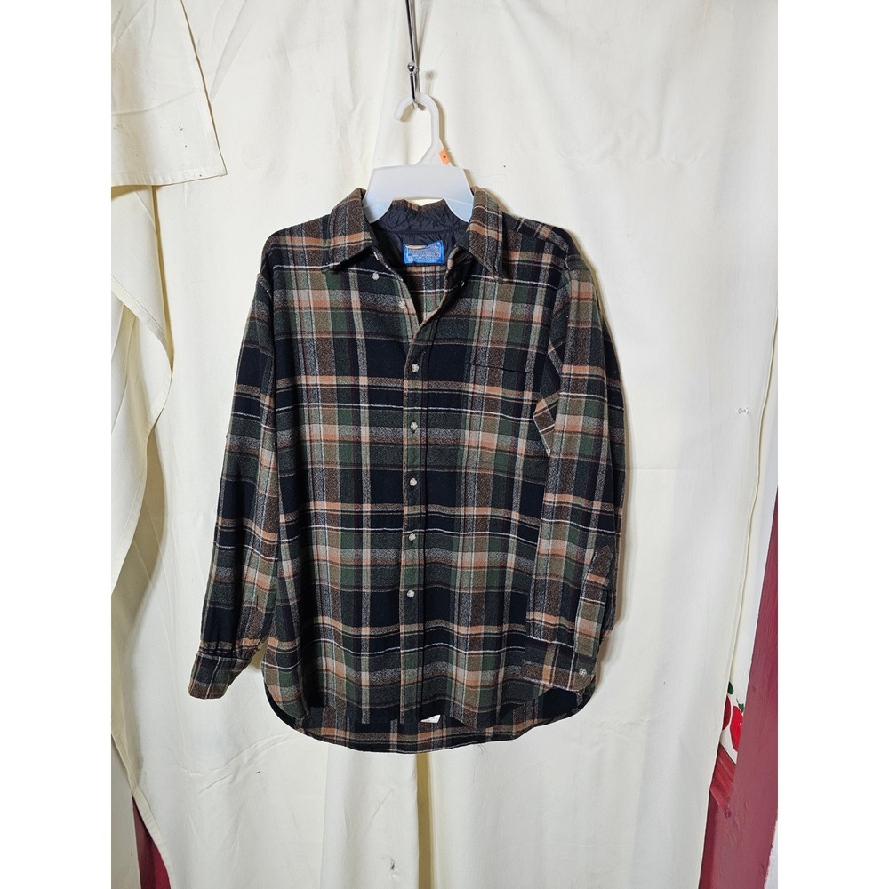 Pendleton High Grade Western Wear Wool Plaid Flannel Shirt Green Brown Mens M